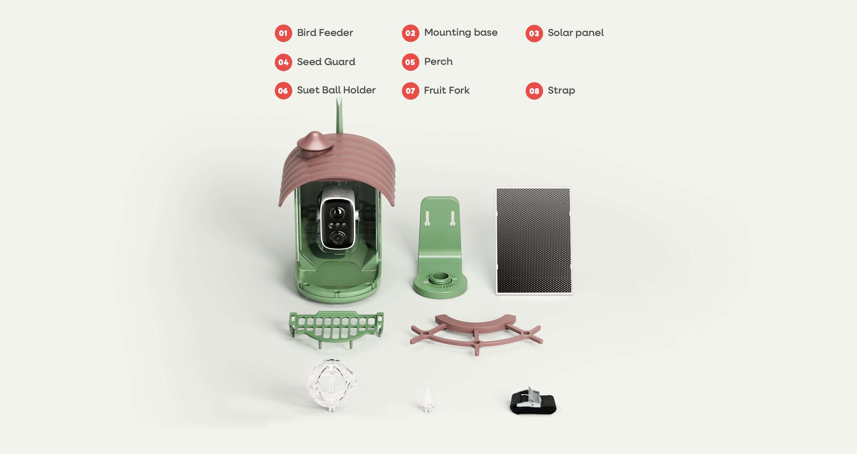 Chirro Bird feeder package with multiple accessories including solar panel, perch, seed guard, and suet ball holder to attract more birds and prevent squirrels from stealing food.
